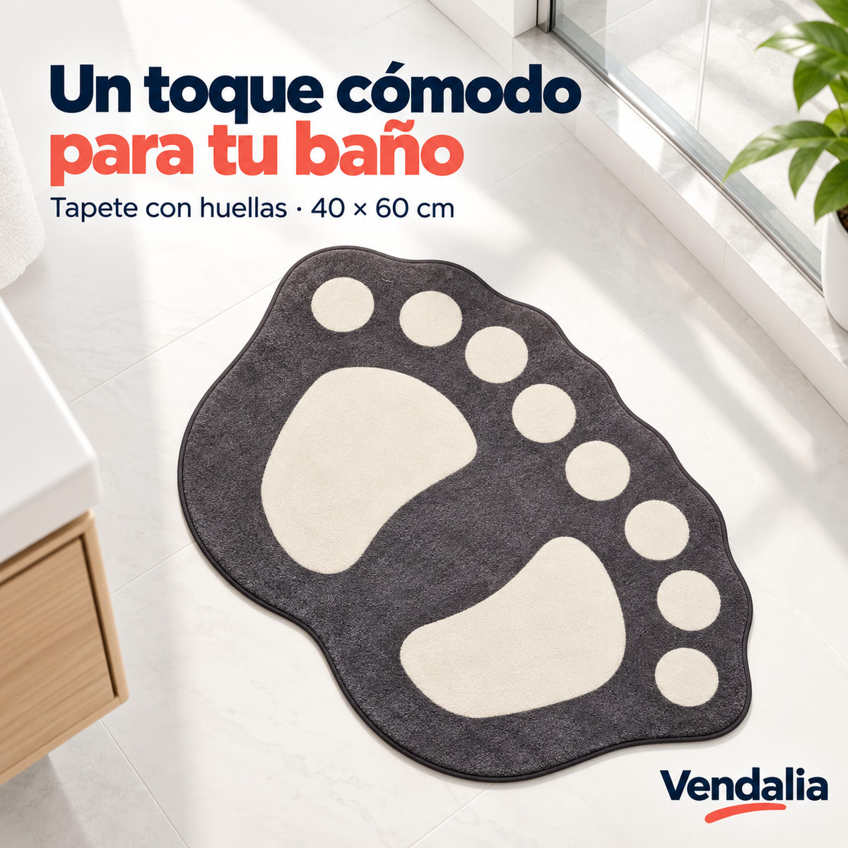 Tapete gris de baño con huellas crema — portada Vendalia