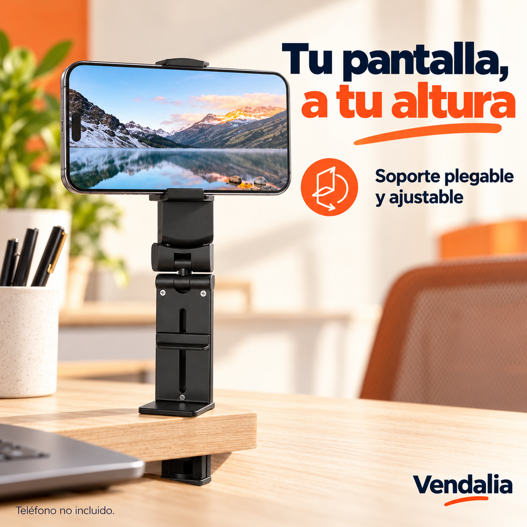 Soporte negro para celular sujeto al borde de escritorio; teléfono no incluido.