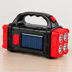 Linterna LED solar portátil negra y roja — detalle