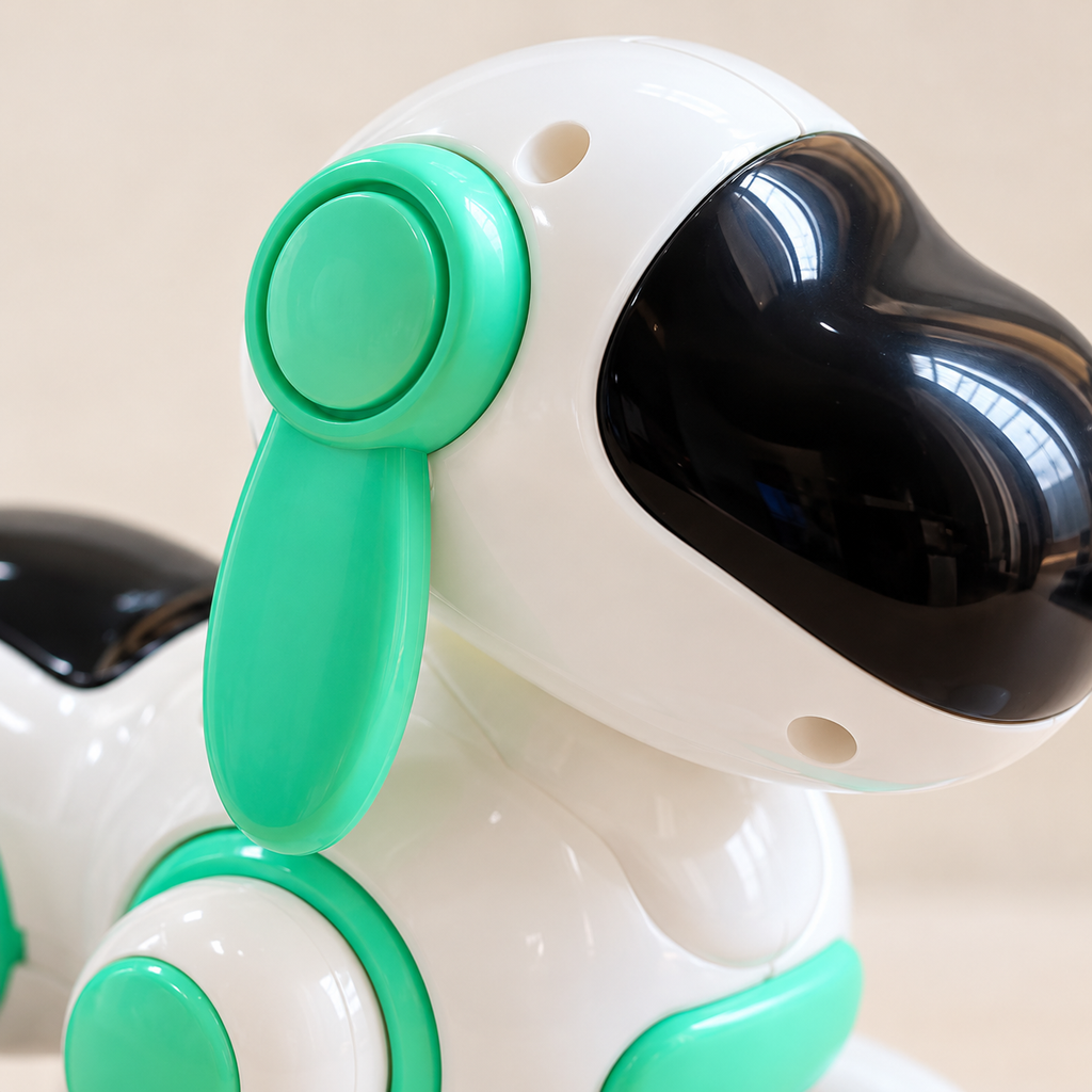 Detalle: Perro robot blanco con verde