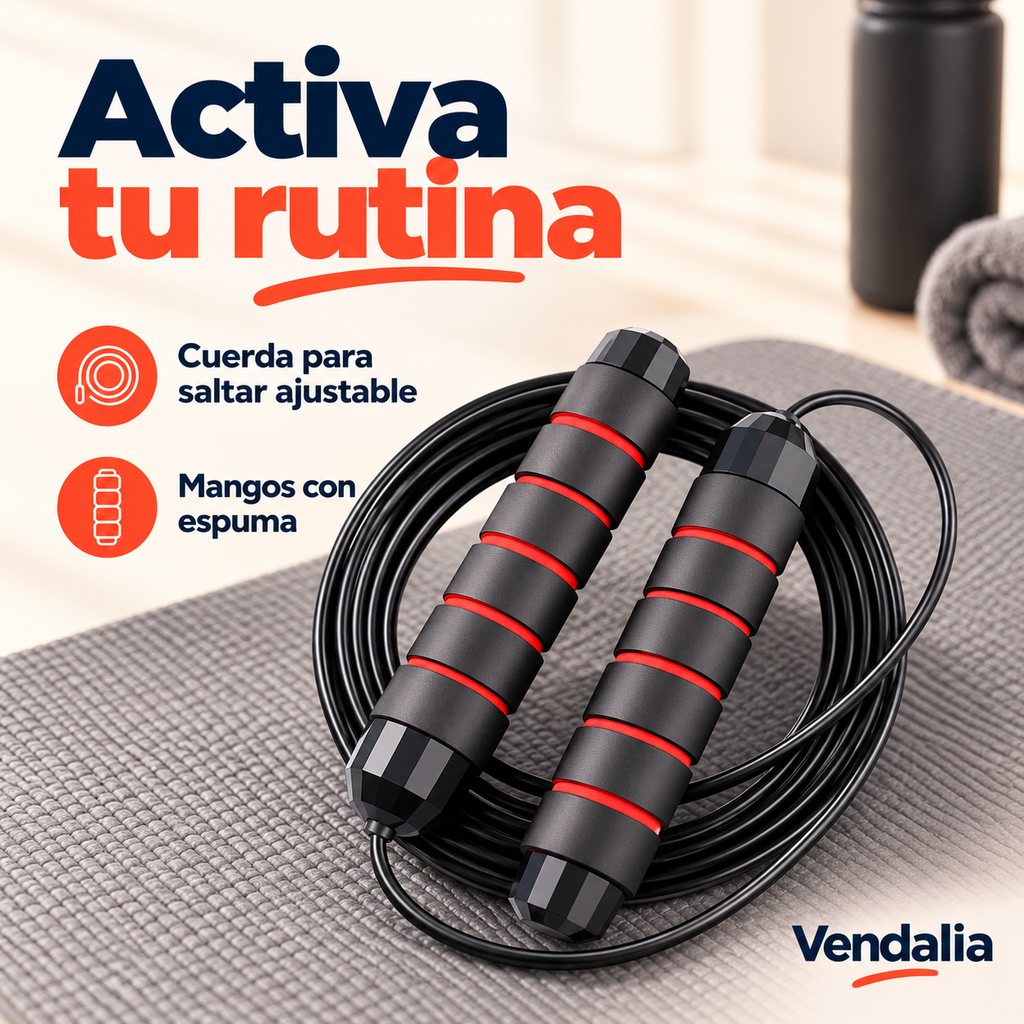 Cuerda ajustable negra con mangos rojos y negros, portada — Vendalia