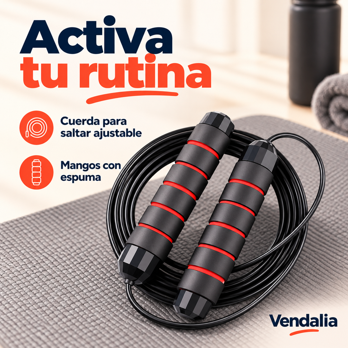 Cuerda ajustable negra con mangos rojos y negros, portada — Vendalia