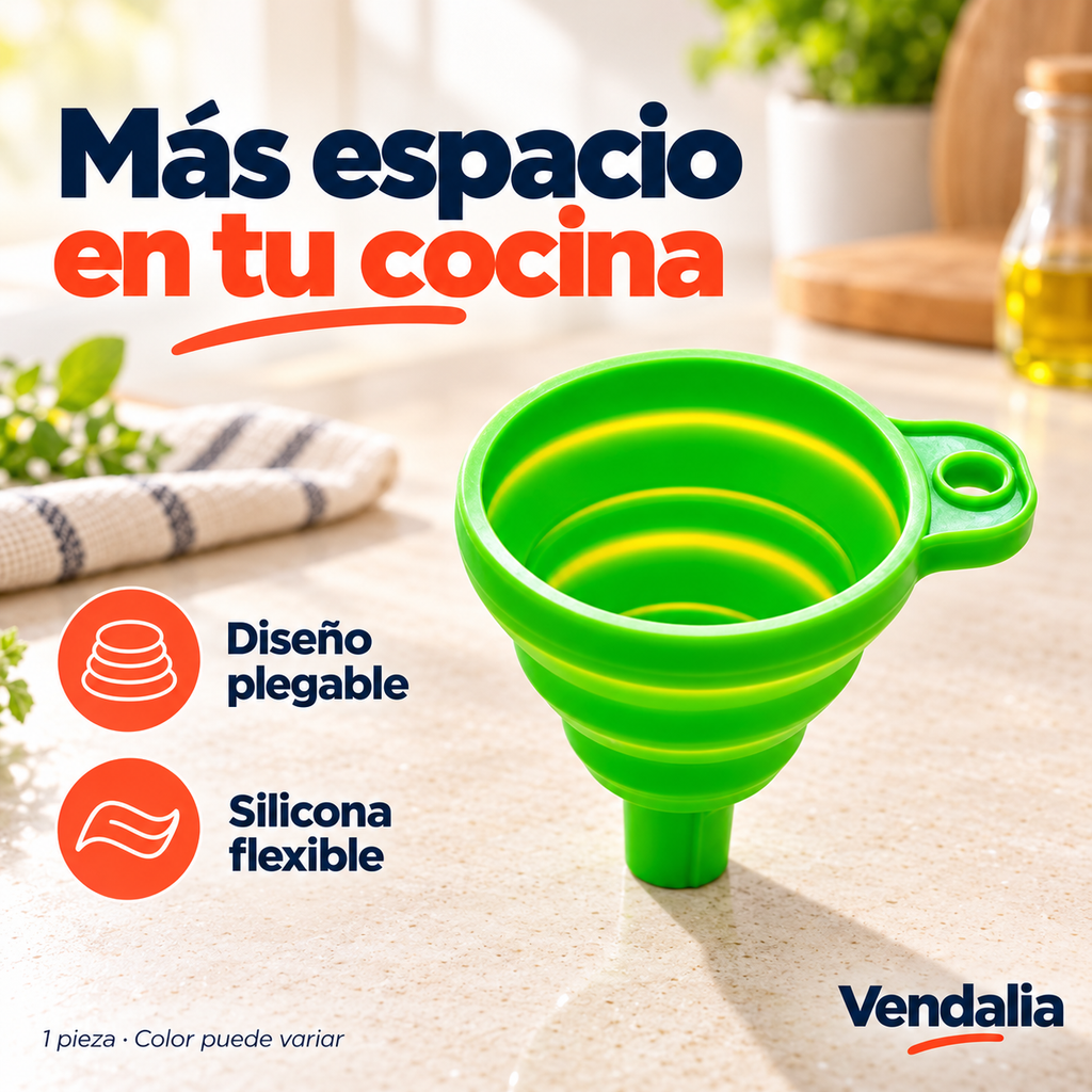Embudo plegable verde — portada Vendalia — SKU 47892; color puede variar, accesorios no incluidos