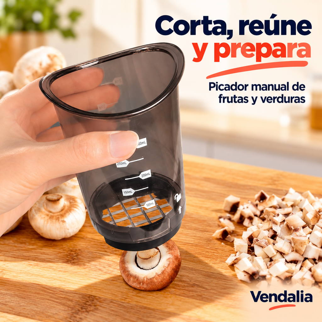 Picador manual con recipiente transparente y rejilla. Vendalia.
