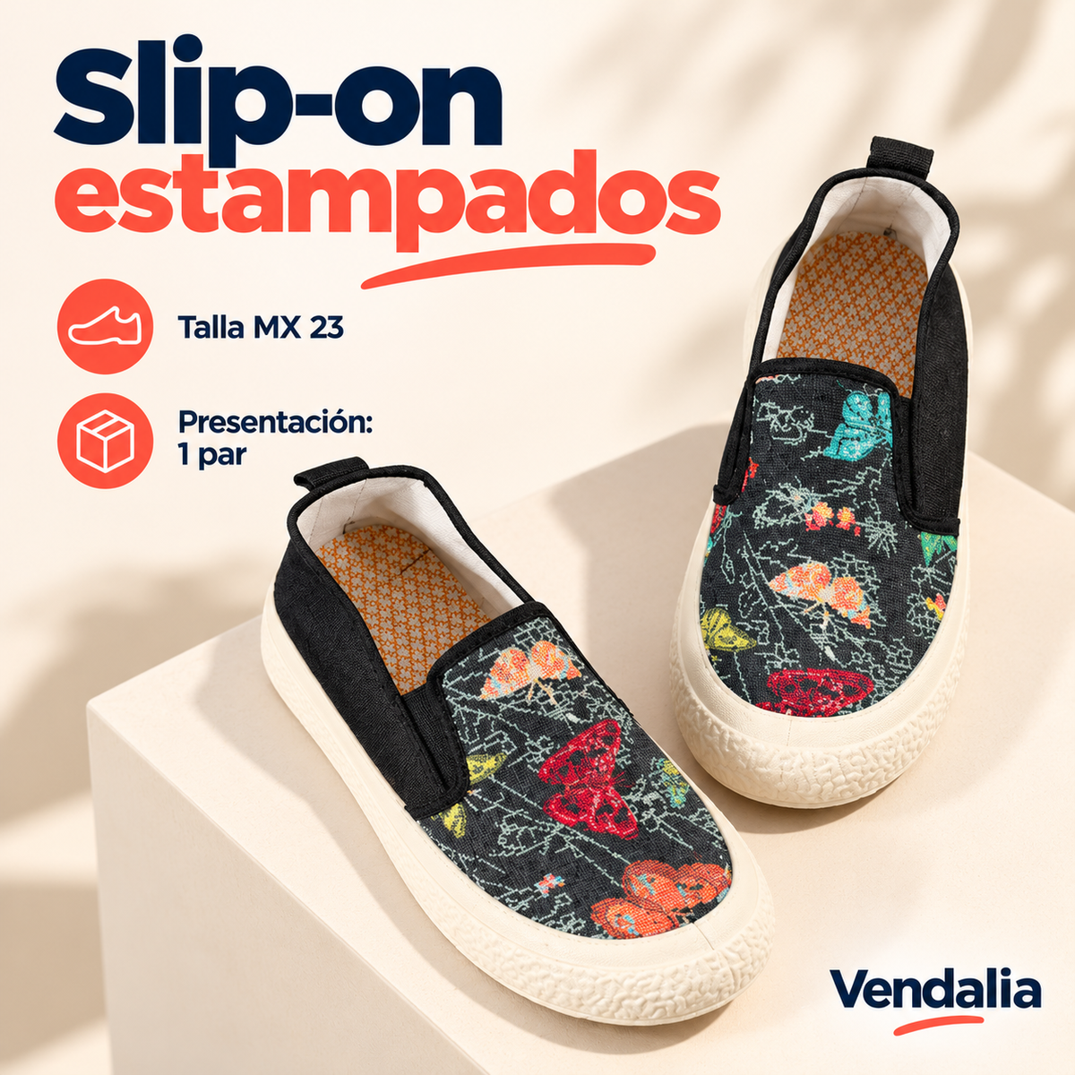 Slip-on estampados · presentación Vendalia · SKU 48277