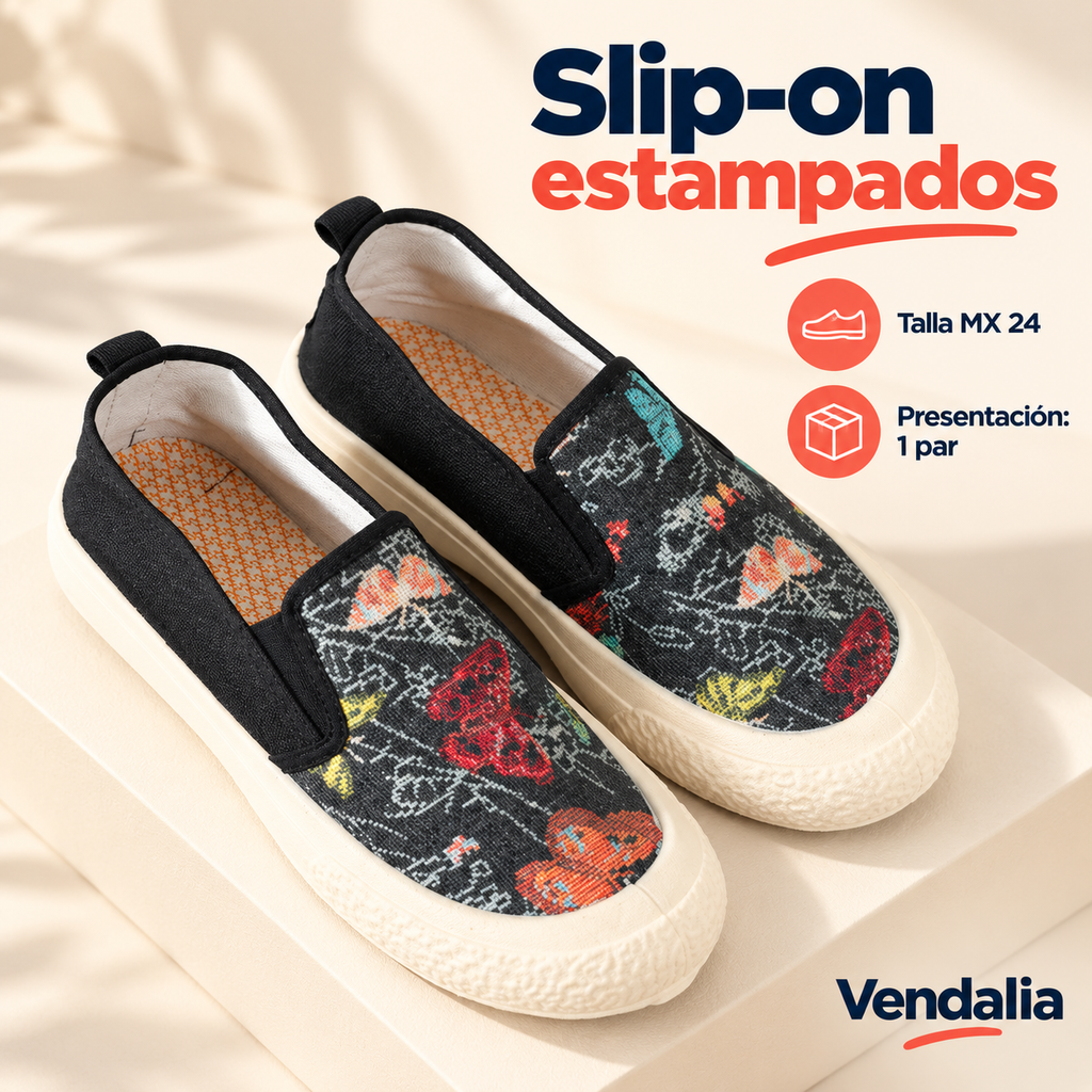 Slip-on estampados · presentación Vendalia · SKU 48279