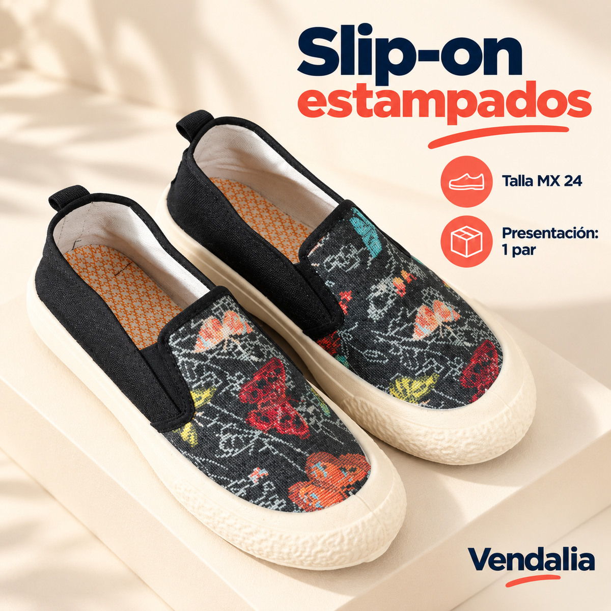 Slip-on estampados · presentación Vendalia · SKU 48279