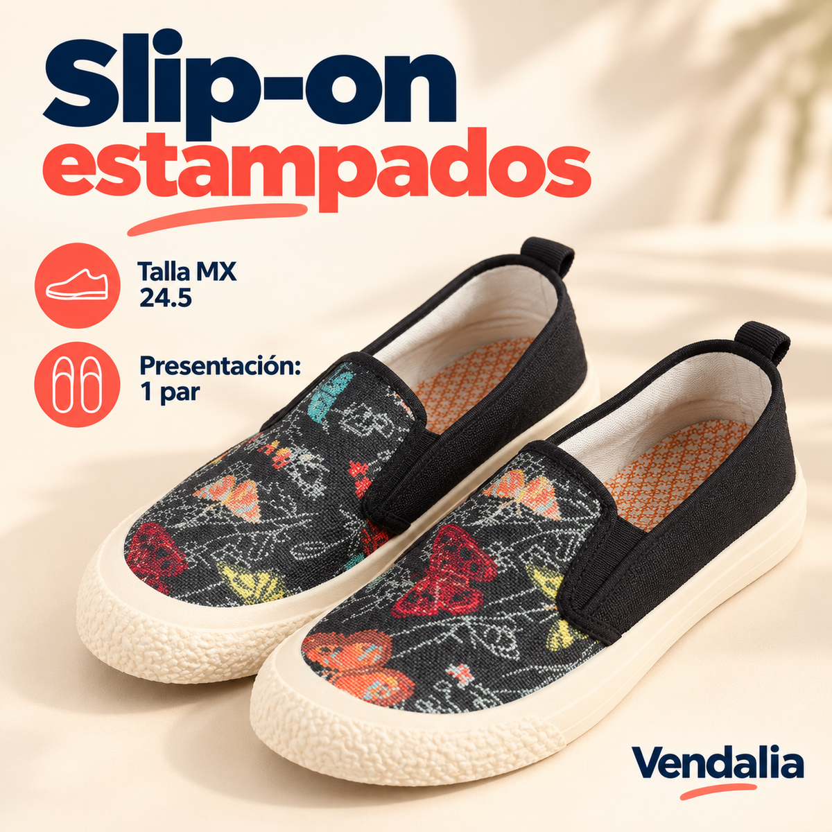 Slip-on estampados · presentación Vendalia · SKU 48280