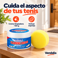 Crema limpiadora de zapatos de100g con esponja amarilla incluida.