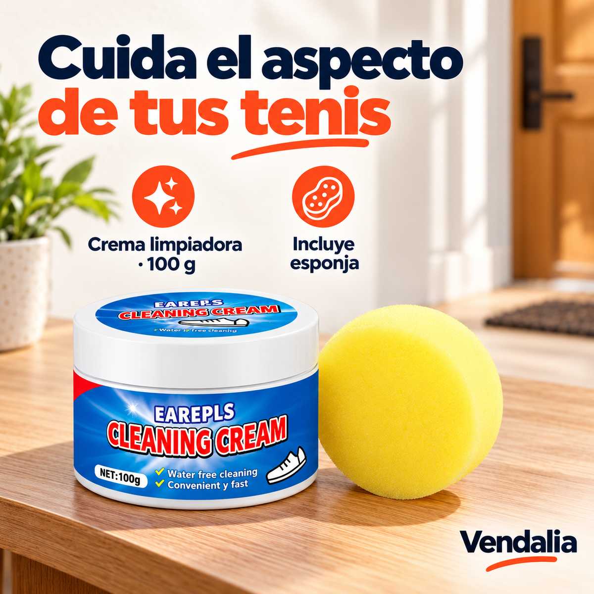 Crema limpiadora de zapatos de100g con esponja amarilla incluida.