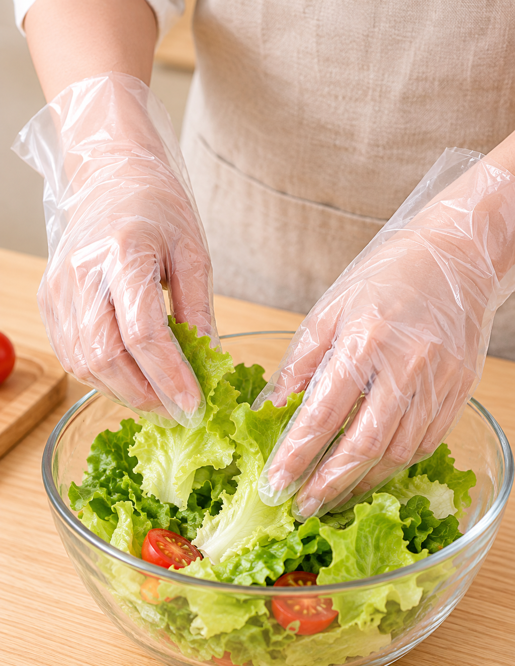 Guantes transparentes TPE en uso al preparar alimentos.