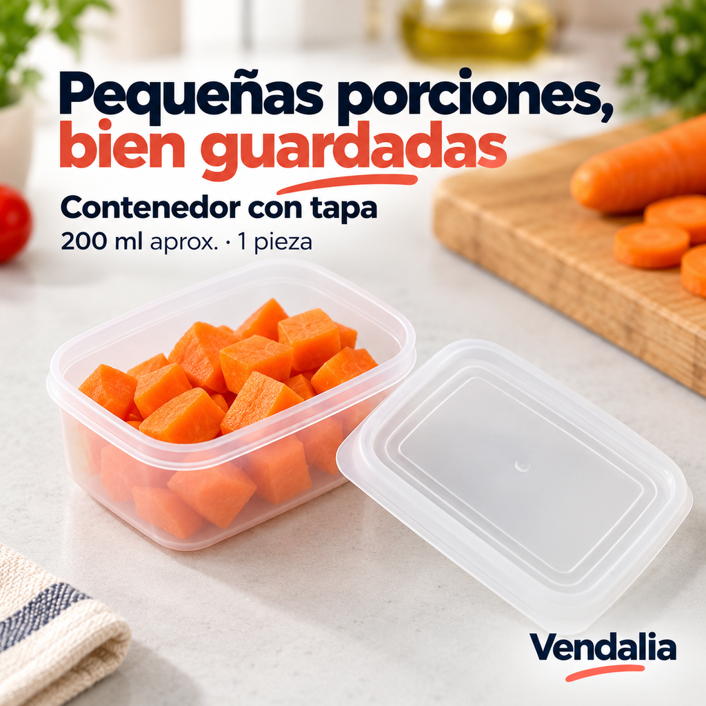 Contenedor transparente con tapa de 200 ml aproximados — portada Vendalia