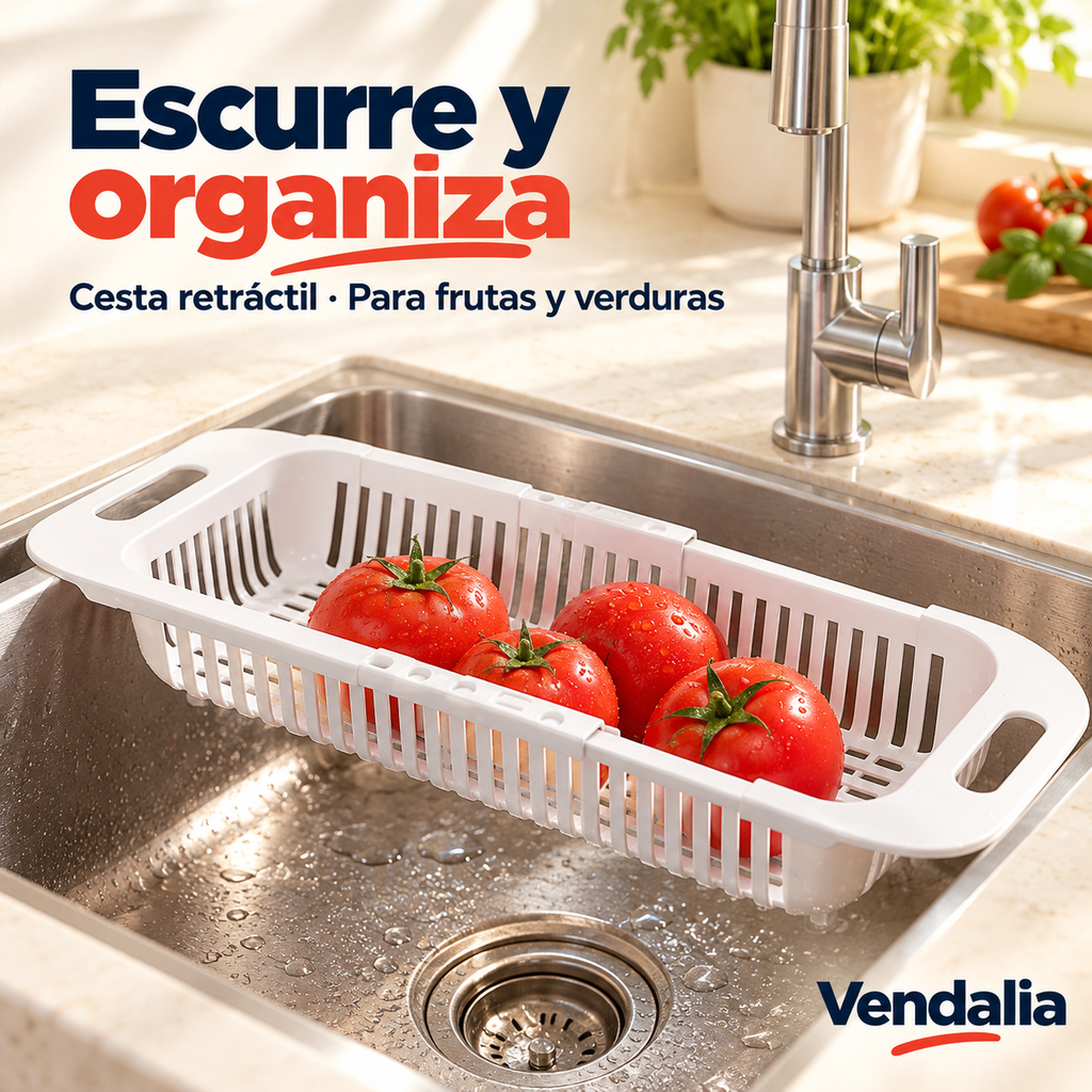 Cesta escurridora blanca retráctil para fregadero. Vendalia.