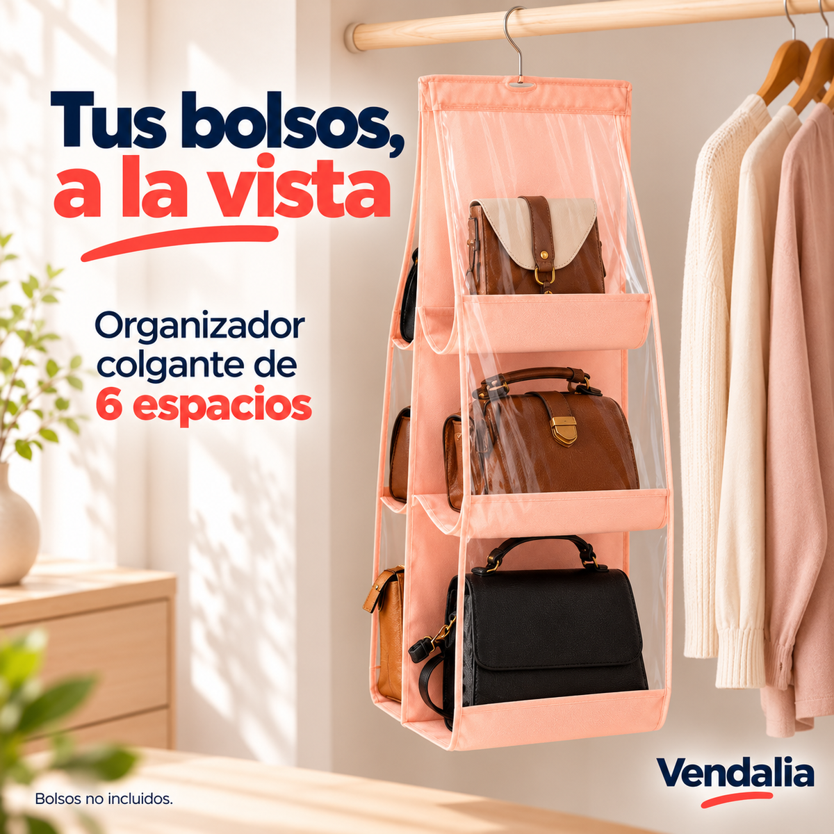 Organizador colgante durazno para seis bolsos — portada Vendalia