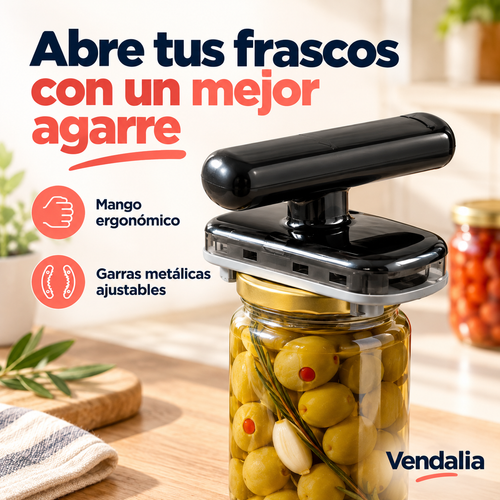 Abridor de frascos negro y gris con mango ergonómico y garras ajustables · Vendalia