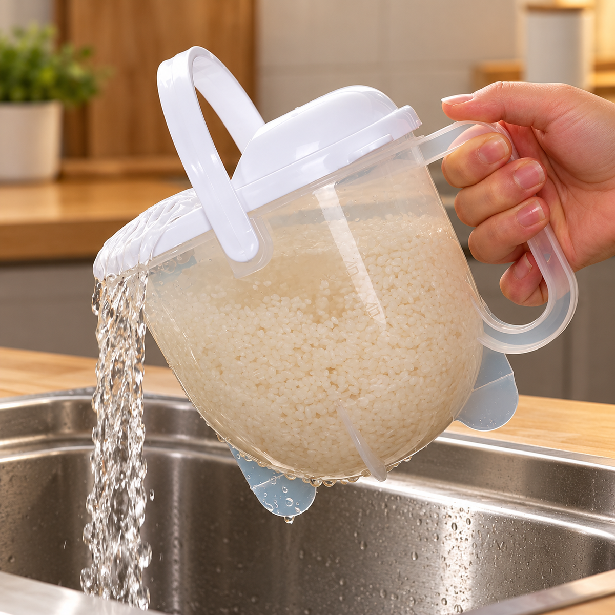 Colador de arroz durante el escurrido; alimentos no incluidos.
