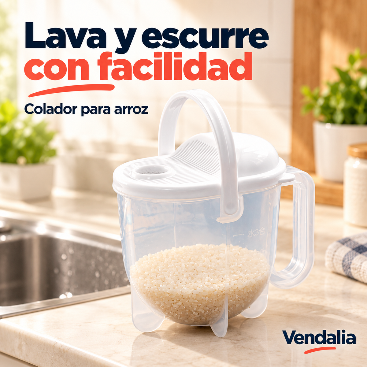 Colador transparente con tapa blanca para lavar arroz. Vendalia.