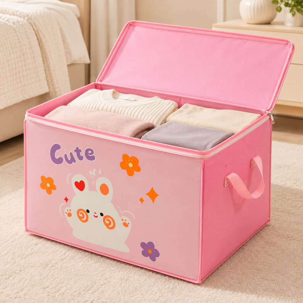 Caja rosa con conejito — vista con tapa abierta y ropa de ejemplo