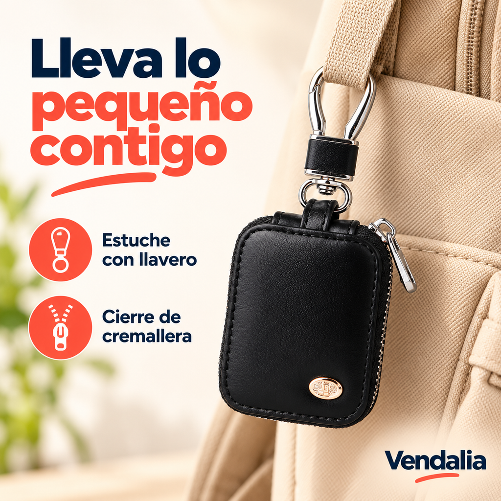 Estuche negro porta audífonos con cremallera y gancho llavero.