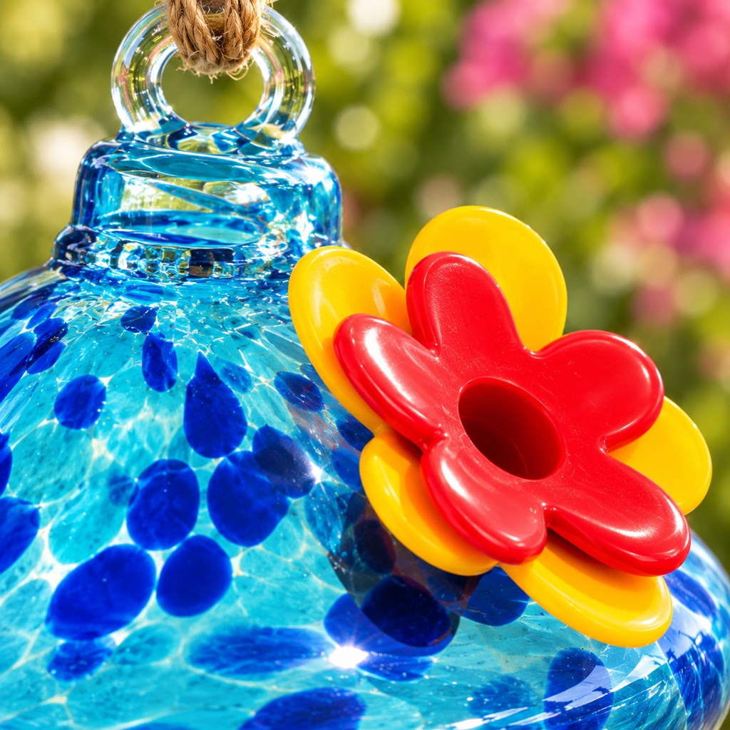 Alimentador de colibrí azul de vidrio con flor roja y amarilla — detalle