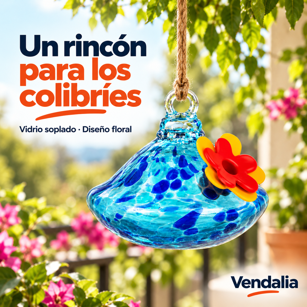 Alimentador de colibrí azul de vidrio con flor roja y amarilla — Vendalia