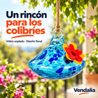 Alimentador de colibrí azul de vidrio con flor roja y amarilla — Vendalia