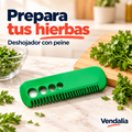 Deshojador verde con peine y orificios para hierbas. Vendalia.