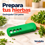 Deshojador verde con peine y orificios para hierbas. Vendalia.