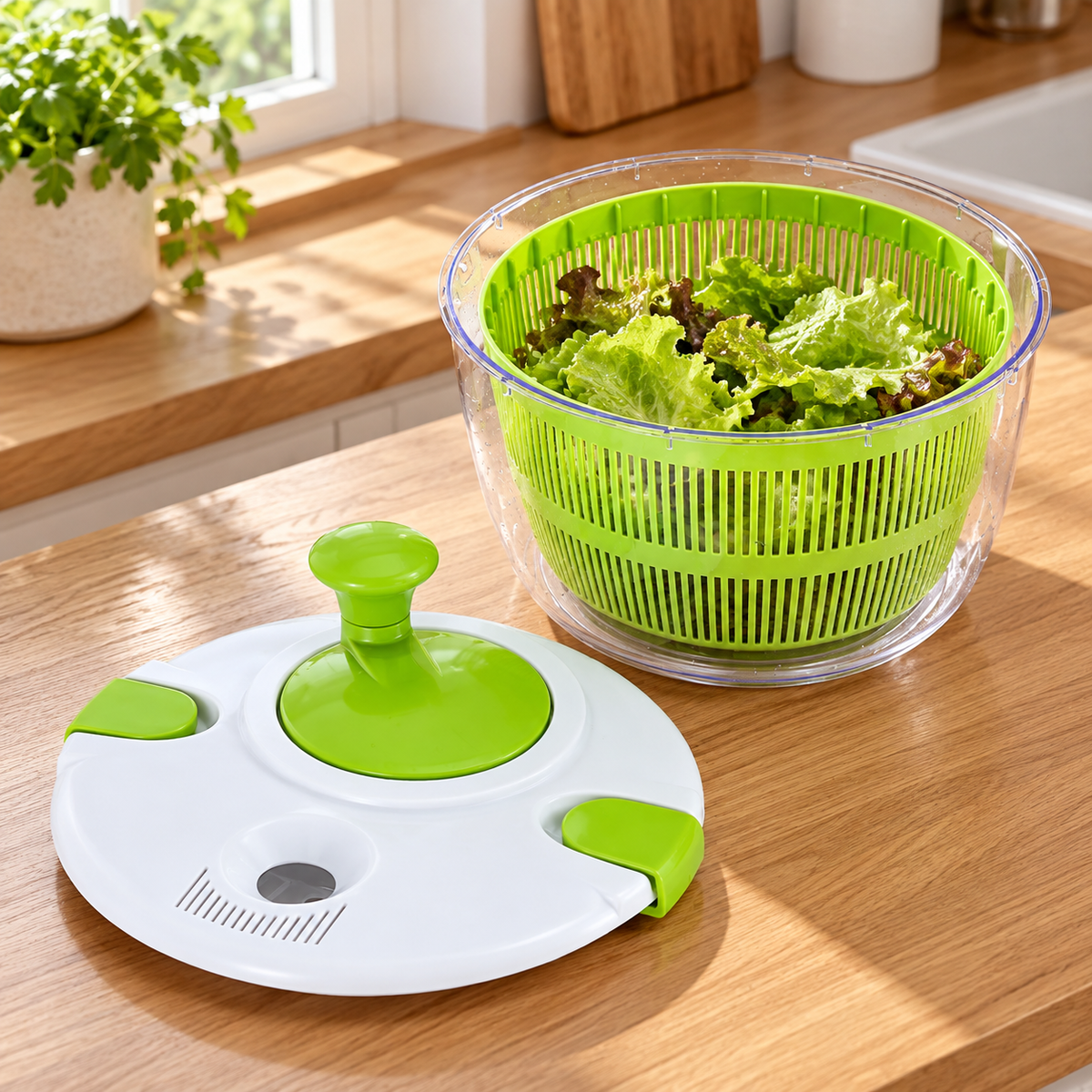 Centrifugador de vegetales abierto para mostrar la canasta; alimentos no incluidos.
