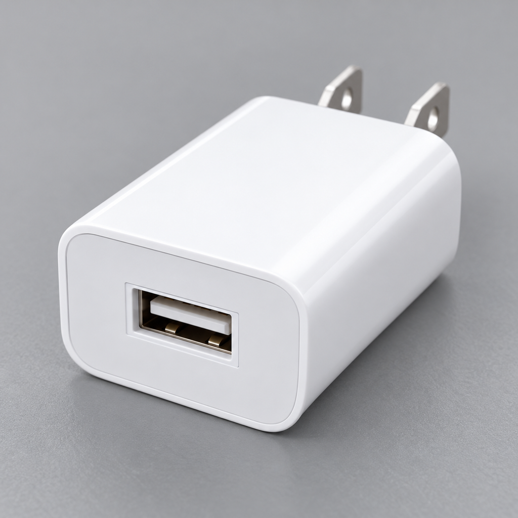 Detalle del puerto USB del adaptador blanco.