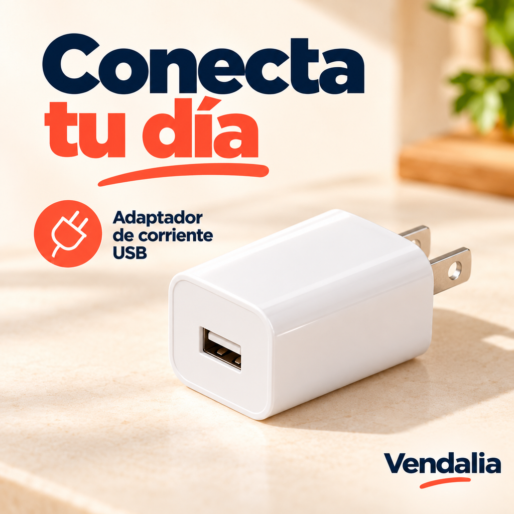 Adaptador de corriente blanco con un puerto USB y clavijas planas.