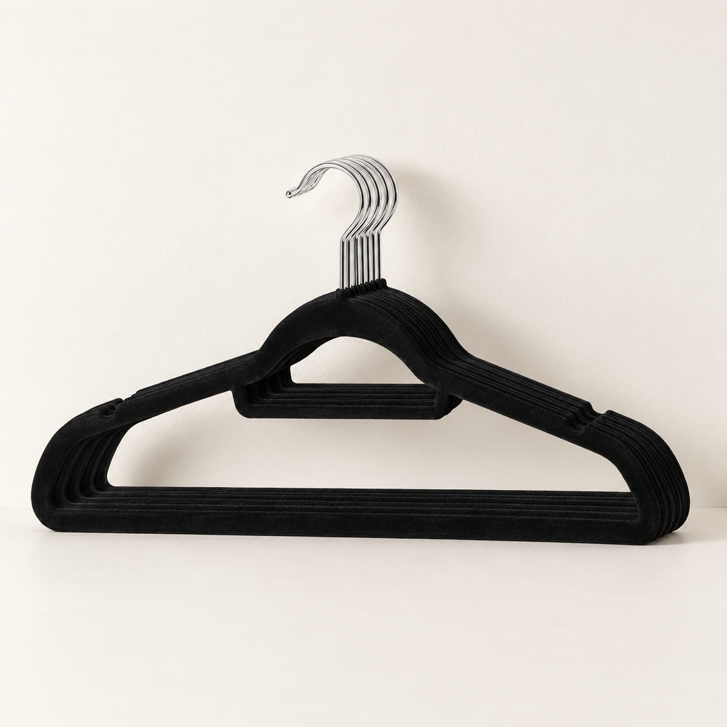 Vista del modelo de gancho de terciopelo negro; parte del paquete de 10 · SKU 50479