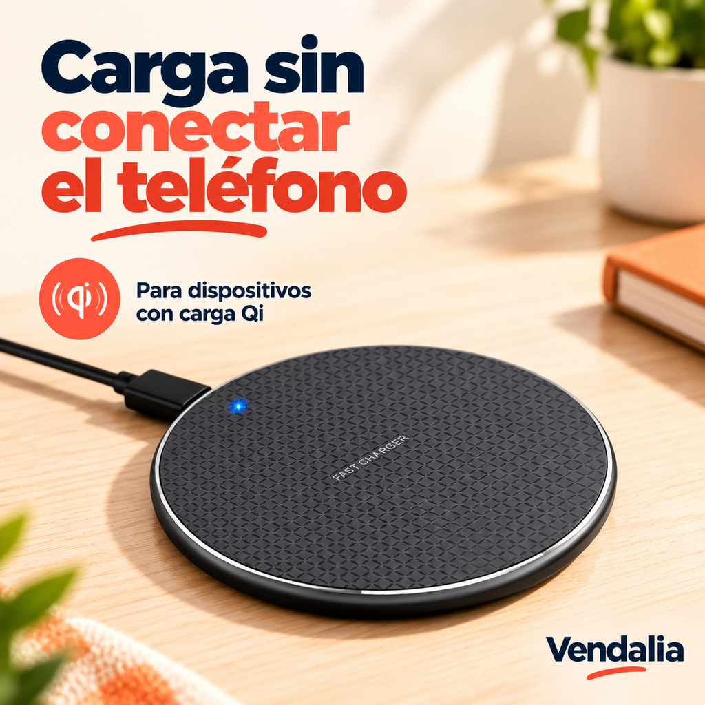 Base de carga Qi negra con superficie texturizada y cable de alimentación.