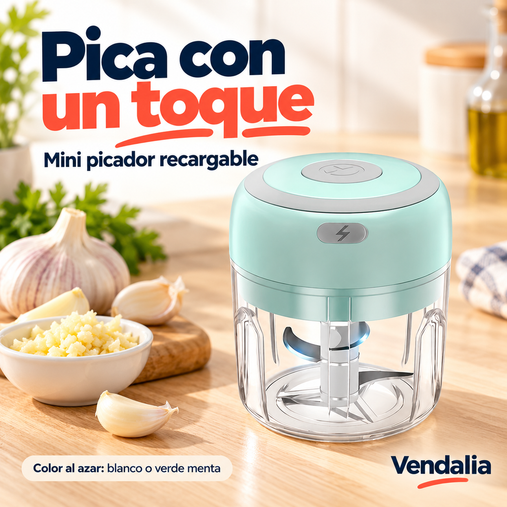Mini picador recargable; color al azar entre blanco y verde menta. Vendalia.