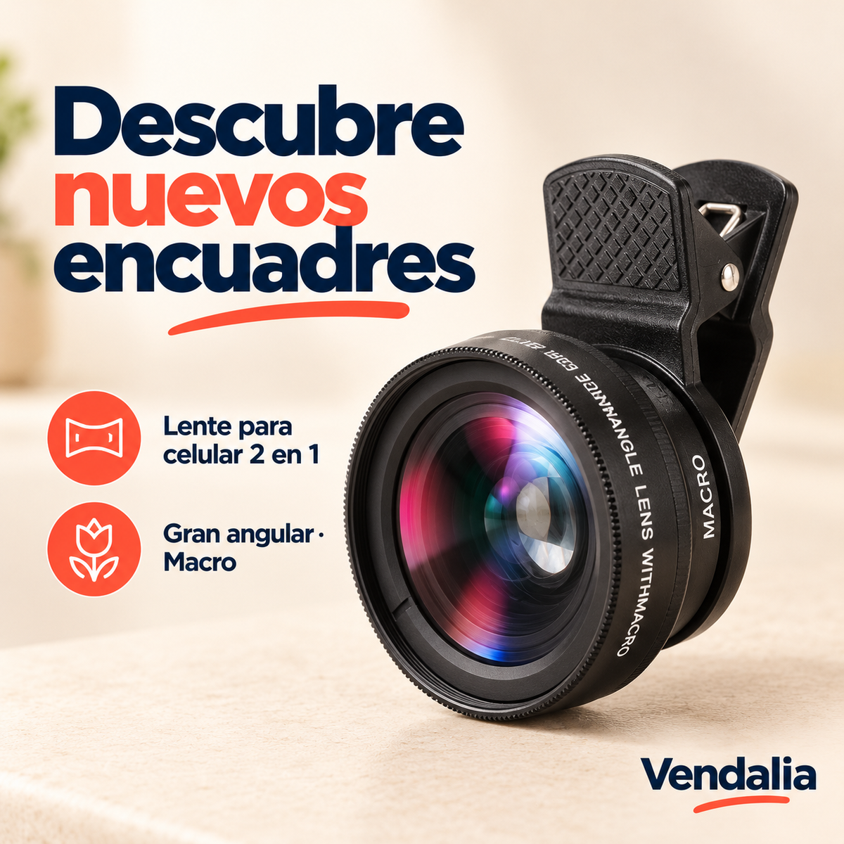 Lente negro para celular con clip, gran angular y macro.