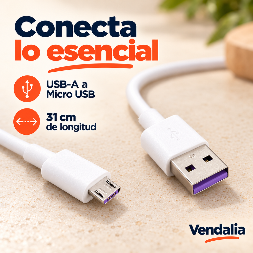 Cable blanco USB-A a Micro USB de 31 cm con interiores púrpura.