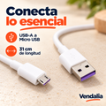 Cable blanco USB-A a Micro USB de 31 cm con interiores púrpura.