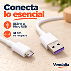 Cable blanco USB-A a Micro USB de 31 cm con interiores púrpura.