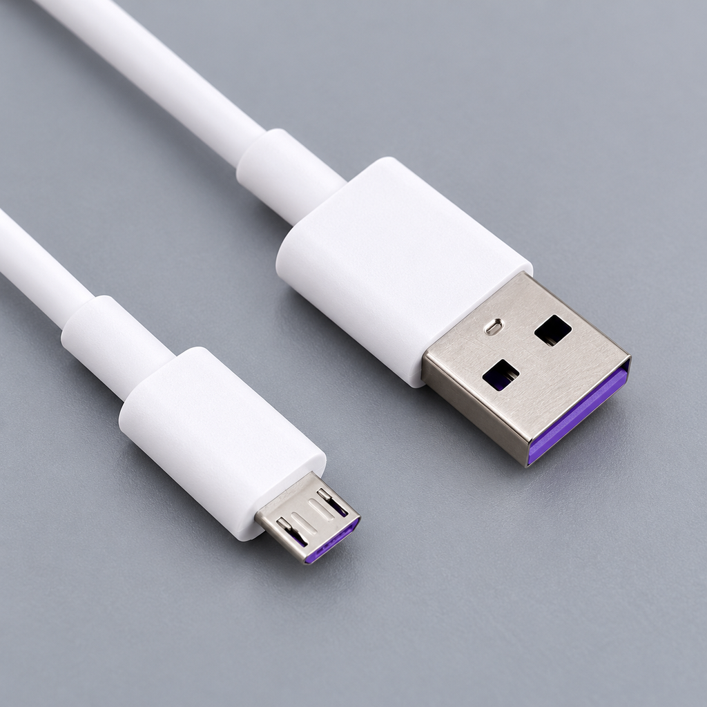 Detalle de los conectores USB-A y Micro USB con insertos púrpura.