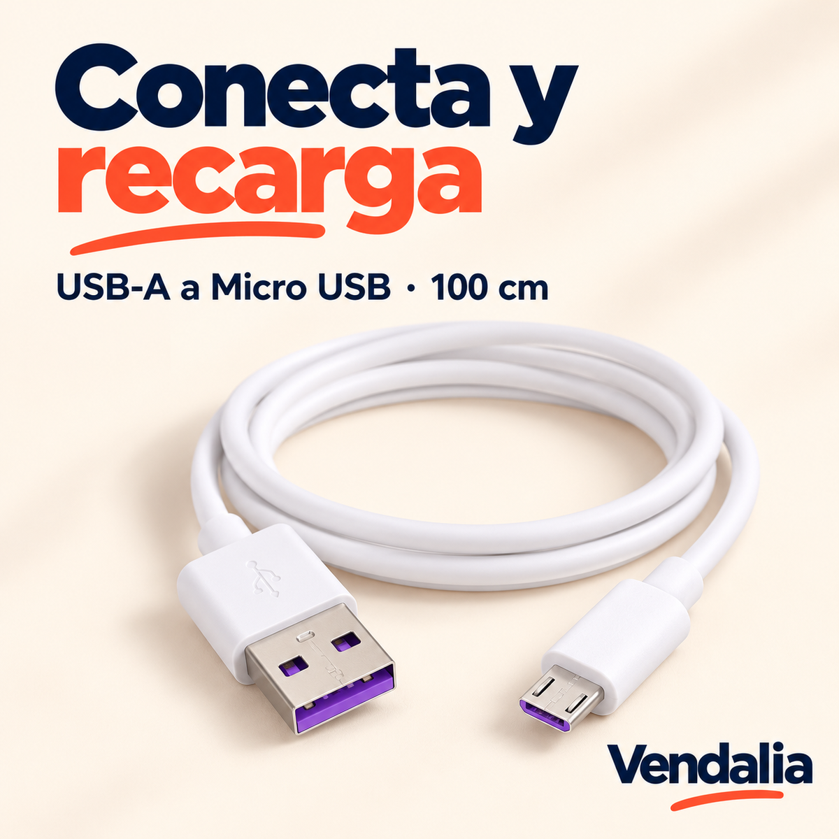 Cable blanco de 100 cm con conectores USB-A y Micro USB.