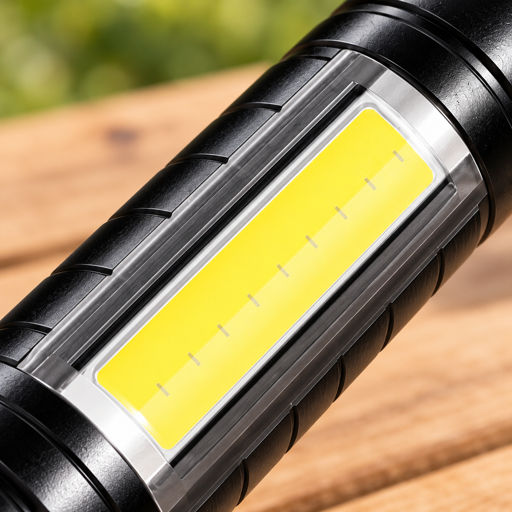 Linterna negra recargable con LED frontal y COB lateral — detalle