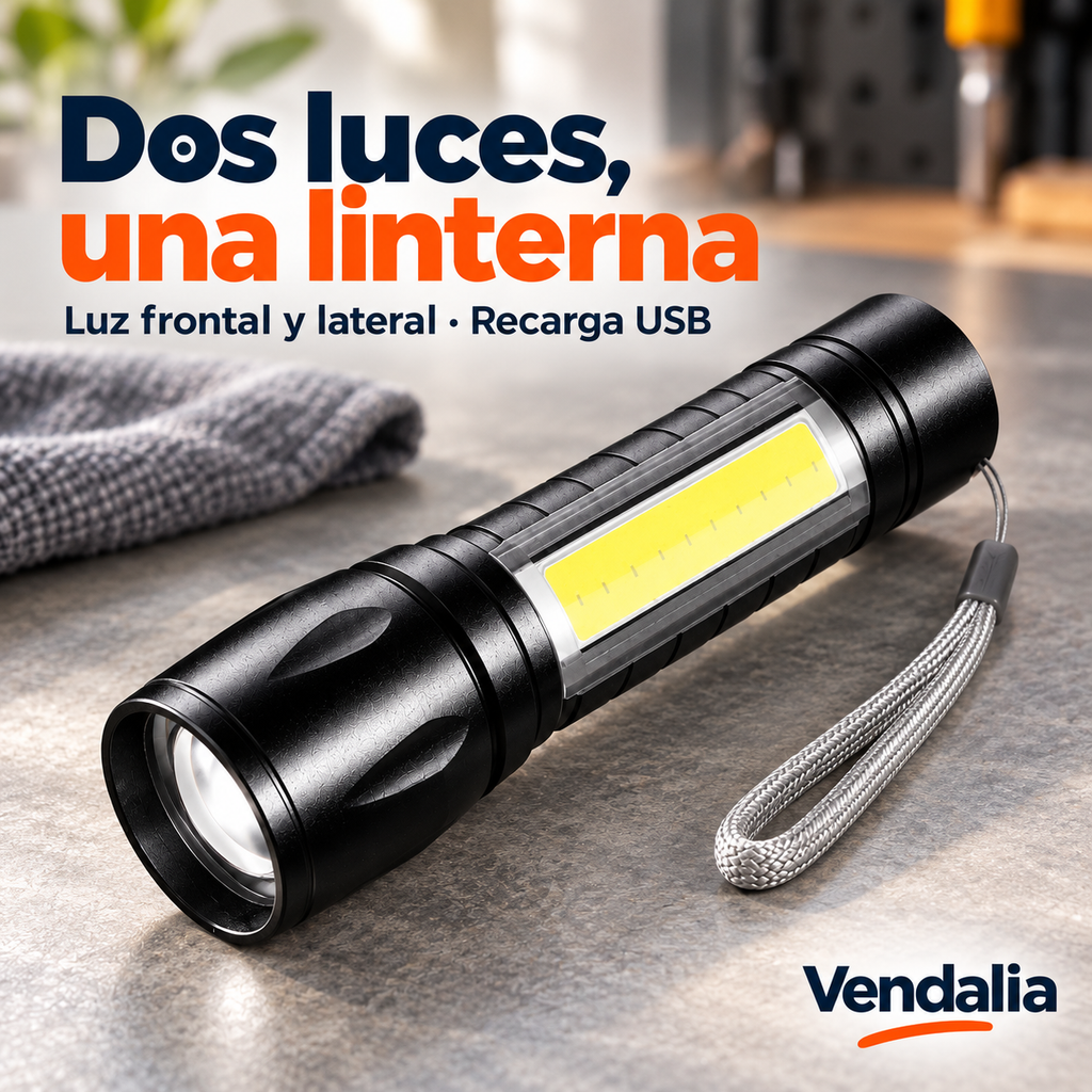 Linterna negra recargable con LED frontal y COB lateral — Vendalia