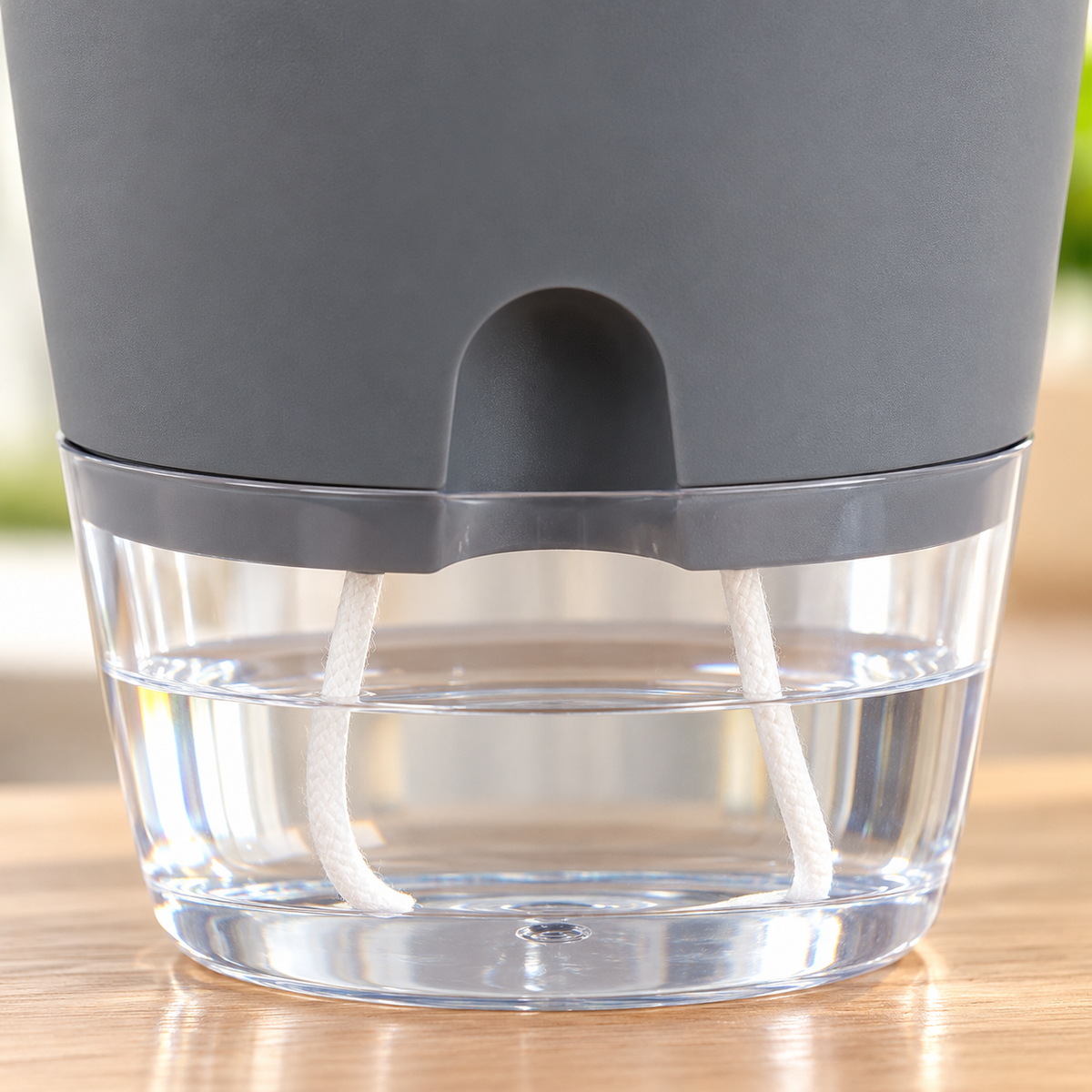 Maceta gris con base transparente y autorriego — detalle