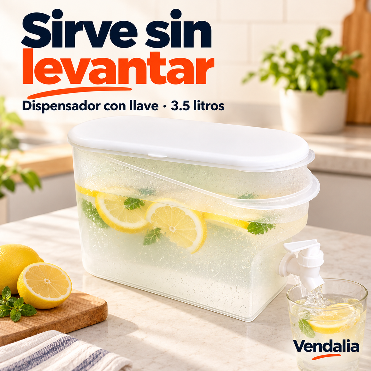 Dispensador blanco translúcido de 3.5 litros con llave. Vendalia.