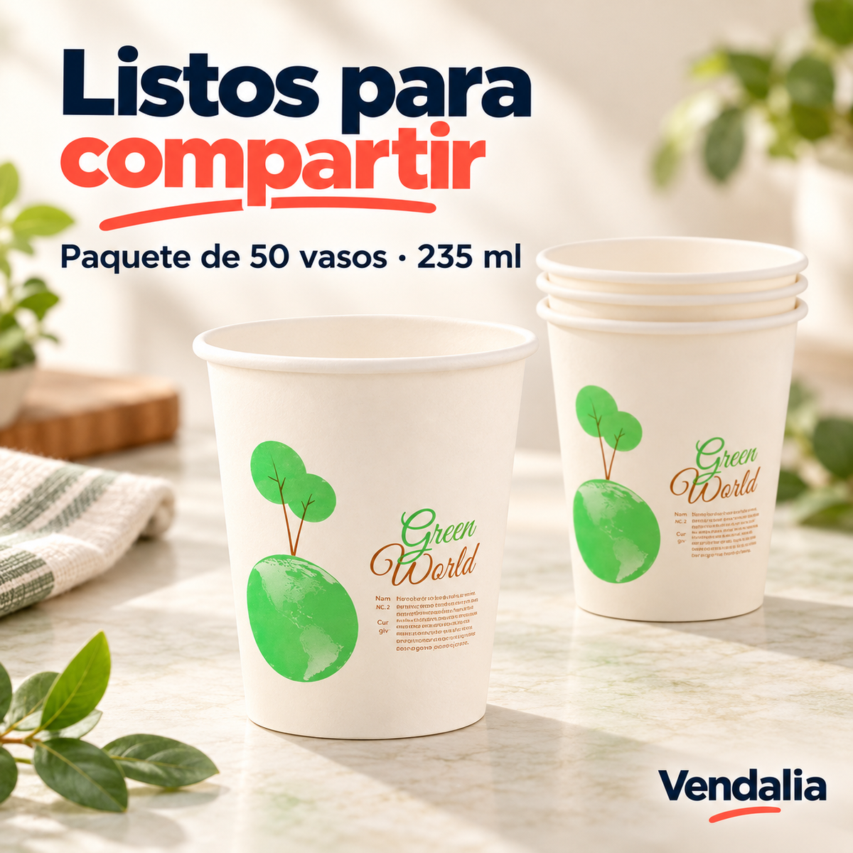 Vasos de papel de 235 ml; paquete de 50 piezas. Vendalia.