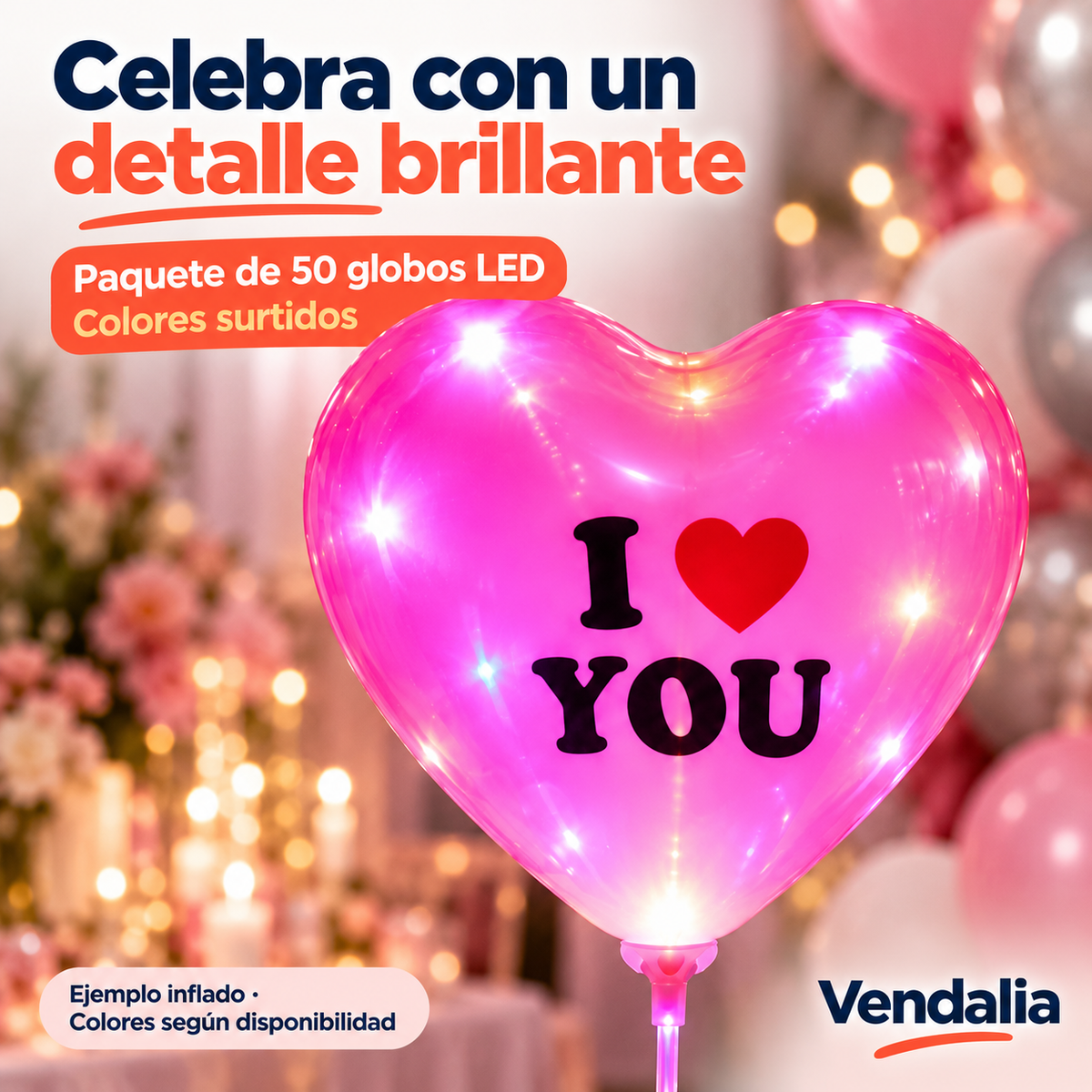 Globo LED de corazón; paquete de 50 colores surtidos — Vendalia
