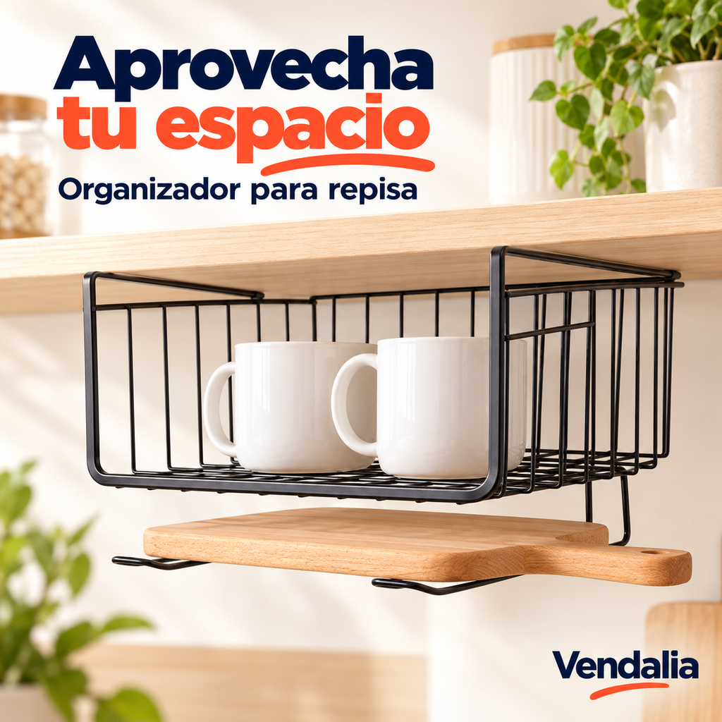 Organizador metálico negro para colocar bajo repisas. Vendalia.