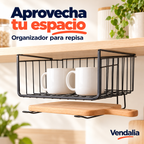 Organizador metálico negro para colocar bajo repisas. Vendalia.