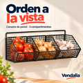 Canasta metálica negra de pared con tres compartimentos. Vendalia.