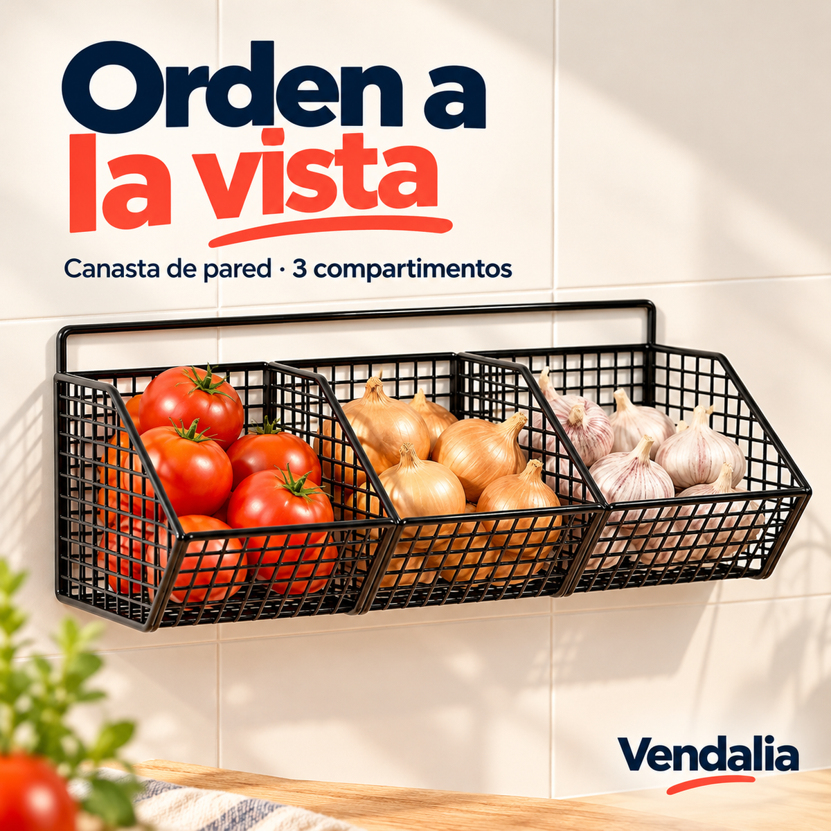 Canasta metálica negra de pared con tres compartimentos. Vendalia.